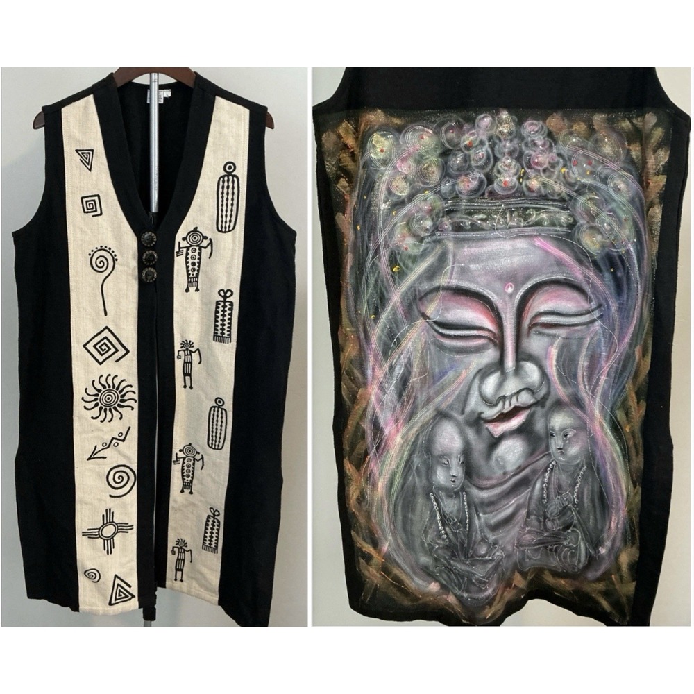Venus Imports Button Front Long Duster Vest‎ Ivory/Black Tribal Art Sz L